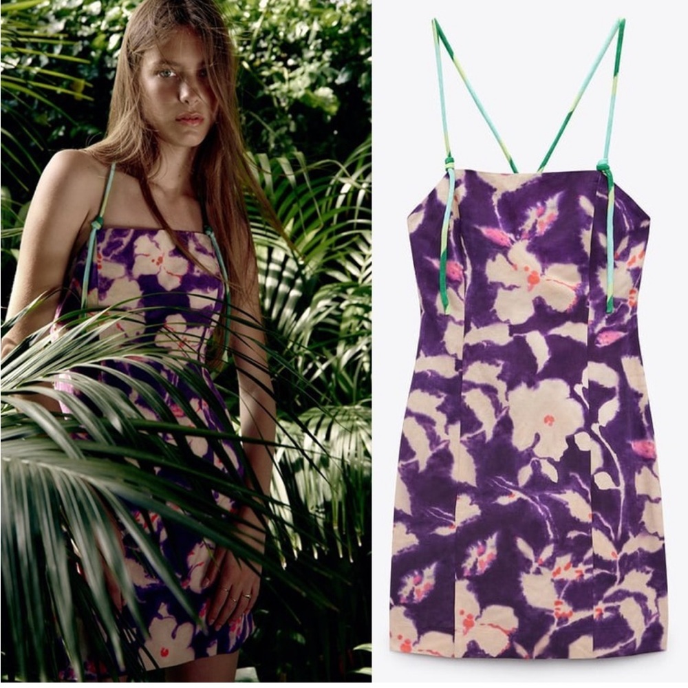 NWT Zara floral Linen Blend Dress Multicolor